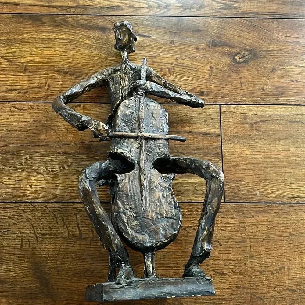 VINTAGE SOLID BRONZE BRUTALIST SCULPTURE CELLIST CELLO MUSICIAN 10-5/8"​